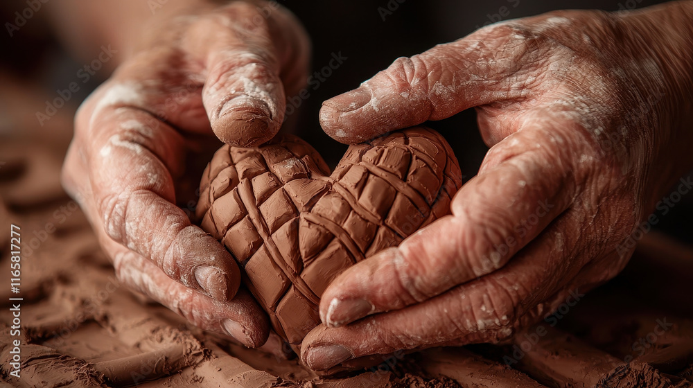 Fototapeta premium Hands shaping clay heart sculpture, showcasing artistry and passion