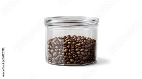 Jar of coffee beans with a silver lid on white background.