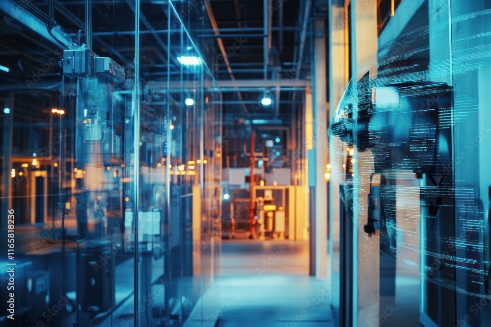 AI security system monitors movements in a high-tech facility with advanced lighting and full surveillance AI security system monitors movements in a high-tech facility with advanced lighting and full surveillance