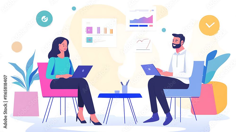 Two professionals discussing shortcuts to improve efficiency, surrounded by graphs Two professionals discussing shortcuts to improve efficiency, surrounded by graphs