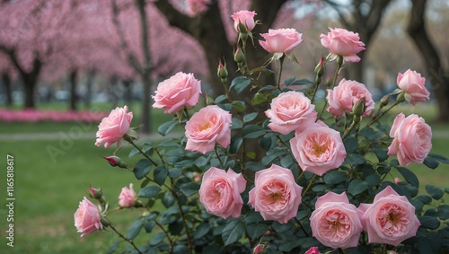 Pink roses blooming beautifully in a serene park