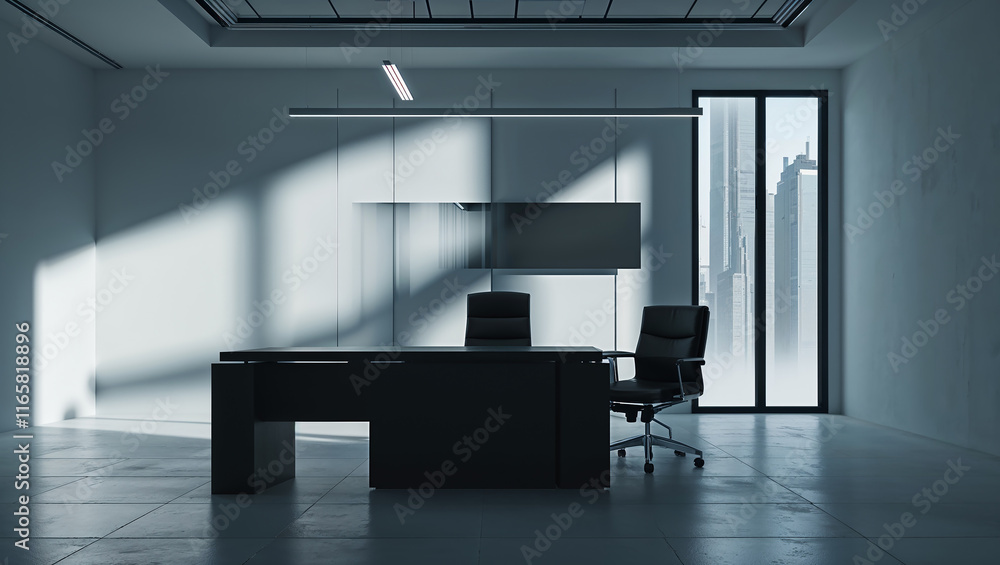 Modern office interior with desk and chairs illuminated by sunlight Modern office interior with desk and chairs illuminated by sunlight