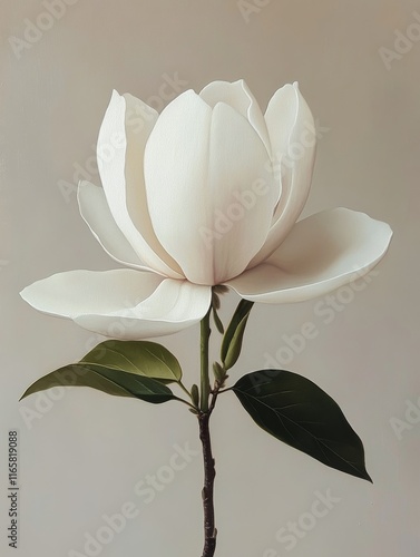 Perfectly bloomed magnolia flower with pale petals and green leaves against a...