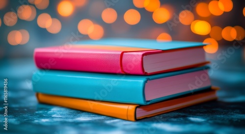Colorful stack of books with soft bokeh lights in the background during evening