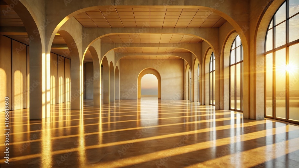 Golden Light Streaks Across The Polished Floor of an Arched Hallway with Views of a Distant Horizon Golden Light Streaks Across The Polished Floor of an Arched Hallway with Views of a Distant Horizon