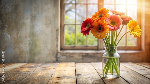 Wallpaper Mural A bouquet of vibrant yellow and orange gerbera daisies arranged in a clear glass vase, placed on a rustic wooden table with soft sunlight streaming through the window behind. Torontodigital.ca