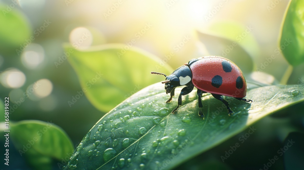 Obraz premium Dewy Leaf with Crawling Insect in Soft Morning Light