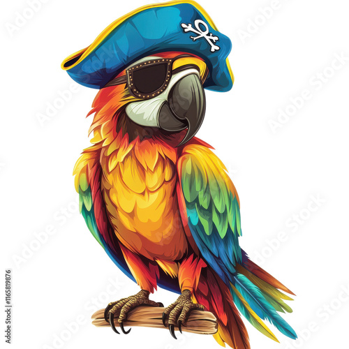 Colorful parrot wearing a pirate hat, white isolated background
