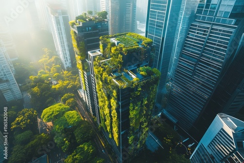 Aerial view captures city skyline where green rooftops and vertical gardens enhance sustainability and livability photo