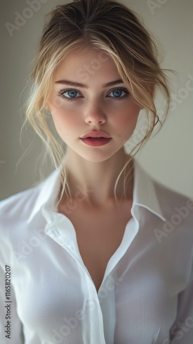 Young woman with natural beauty posing indoors in soft light