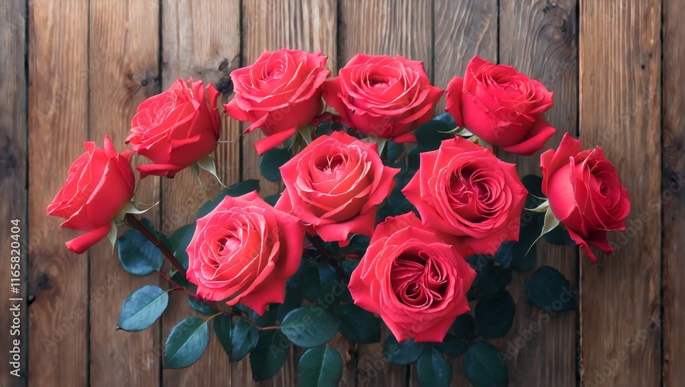 Red roses blooming against a rustic wooden backdrop Red roses blooming against a rustic wooden backdrop