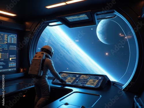 Exploring distant planets from a high-tech spacecraft command center with a view of an extraordinary cosmic landscape
