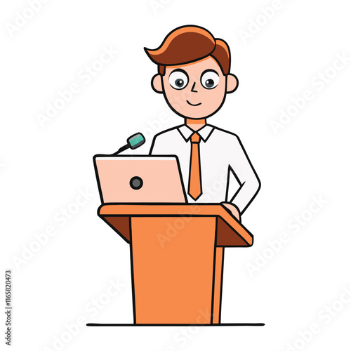 Vector illustration of a speaker standing behind a lectern with a laptop placed on it on a white background.