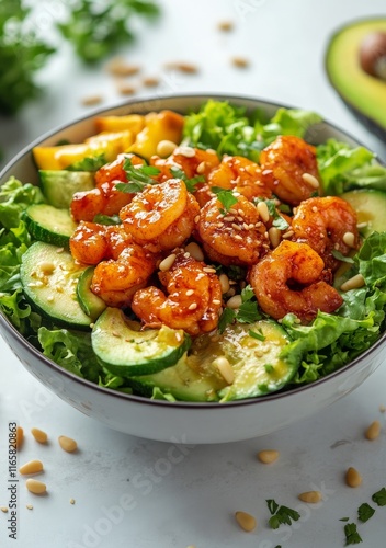 Fresh shrimp salad with zucchini and pine nuts for a healthy meal