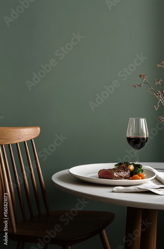 Elegant dining setup with red wine and gourmet dish in a cozy atmosphere