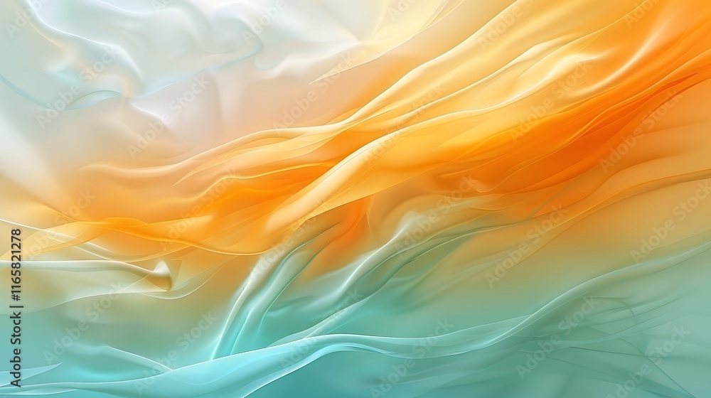 Obraz premium Abstract flowing fabric in soft orange and teal hues, creating a serene atmosphere.