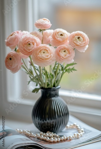 Beautiful arrangement of pink ranunculus flowers in black vase by the window ...