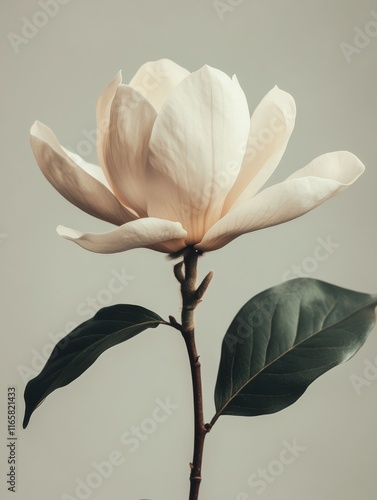 Perfectly bloomed magnolia flower with pale petals and green leaves against a...