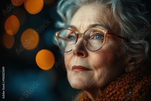 Elderly woman with glasses gazes thoughtfully during a cozy evening by warm light photo