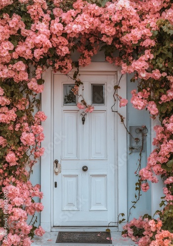 Charming white door adorned with pink flowers in a quaint setting during spri...
