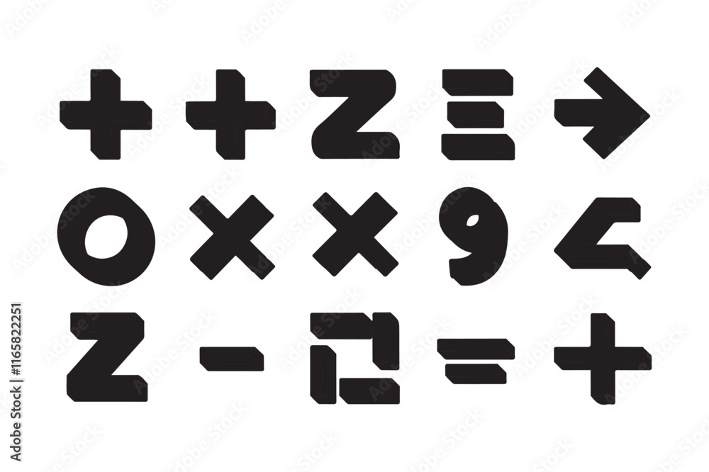 Obraz premium A mathematics icon set features symbols, tools, and visuals representing key concepts like equations, formulas, graphs, numbers, shapes, geometry, algebra, calculus, trigonometry, and statistics.