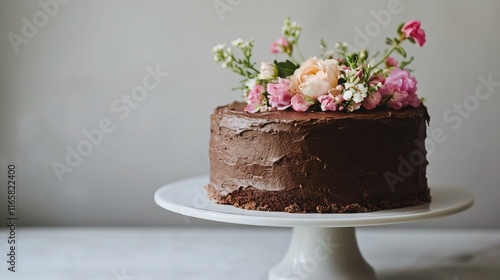 Delicious chocolate cake decorated with fresh flowers on a white cake stand