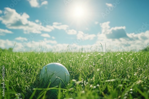 Soccer ball resting on green grass in bright daylight showcasing sport and na...
