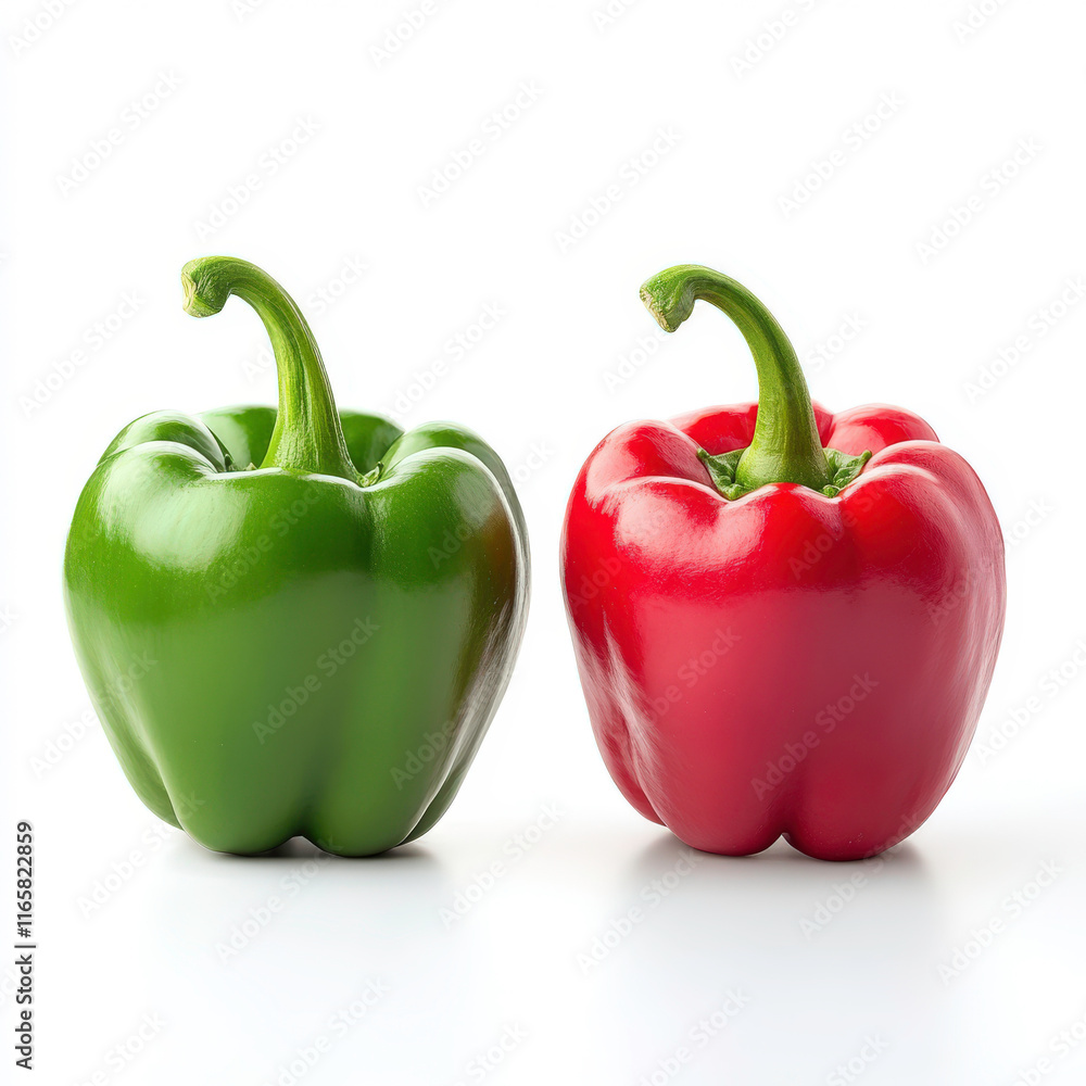 Fresh Red and Green Bell Peppers with Glossy Skin on White Background for Cooking, Healthy Eating, and Culinary Presentation Fresh Red and Green Bell Peppers with Glossy Skin on White Background for Cooking, Healthy Eating, and Culinary Presentation