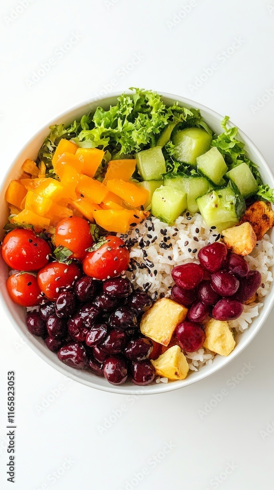 Vibrant Colorful Bowl with Rice, Vegetables, Beans, and Cherries - A Healthy and Delicious Meal Vibrant Colorful Bowl with Rice, Vegetables, Beans, and Cherries - A Healthy and Delicious Meal