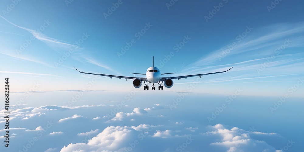 Obraz premium Passenger jet airplane flying above clouds. Airplane in the blue sky with clouds from below, high flying passenger plane
