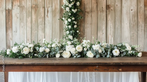 Elegant floral arrangement on wooden table at rustic venue for special occasion