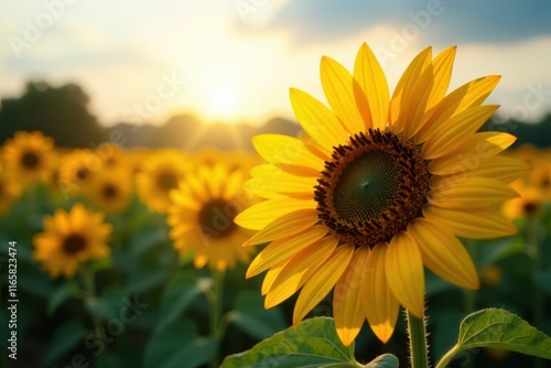 Close-up of a single sunflower facing the sun with its large petals and dark center, center, sunflower close-up, botanical
