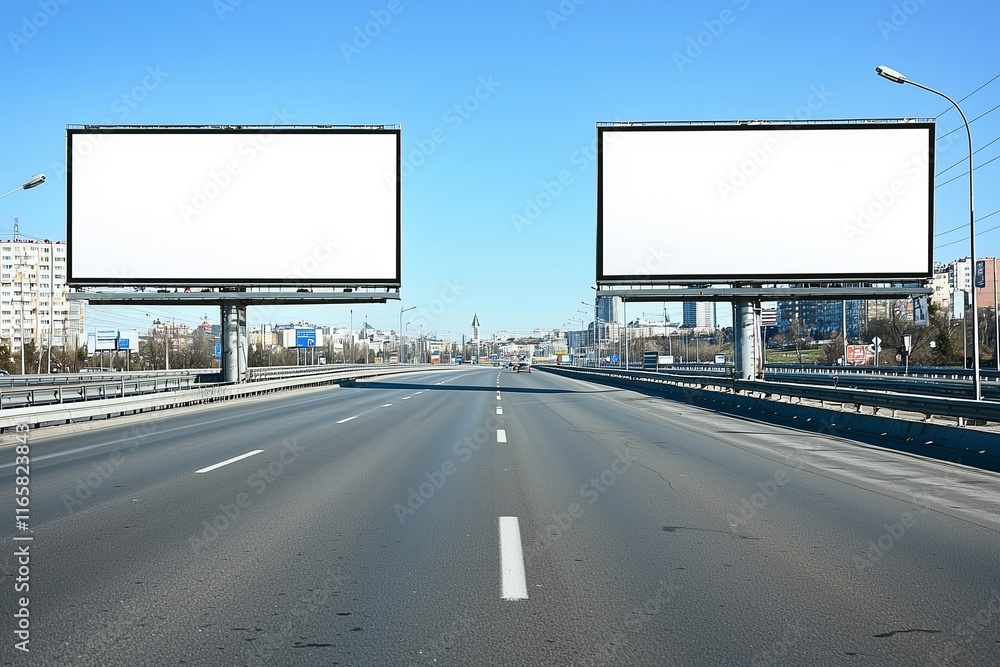 Blank billboards on empty highway, bright city daylight setting. Blank billboards on empty highway, bright city daylight setting.