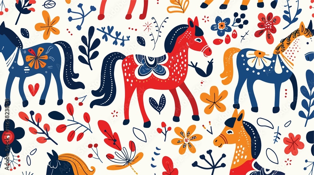 Fototapeta premium Nordic Dala Horses and Floral Seamless Pattern for Creative Projects
