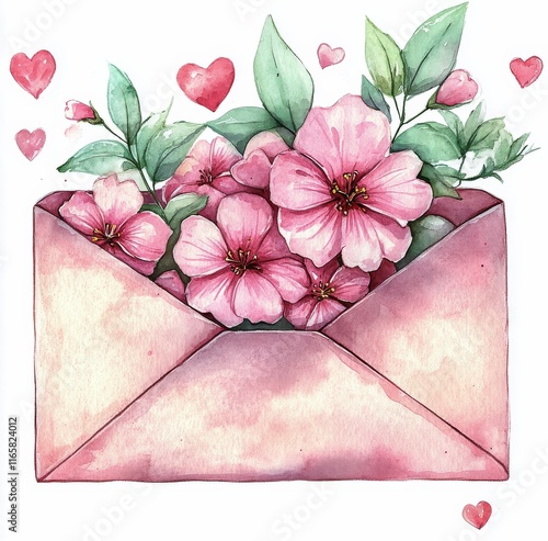 Beautiful envelope filled with pink flowers and hearts for a heartfelt message