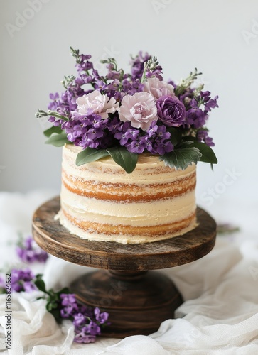 Beautiful cake decorated with fresh purple flowers on a wooden stand