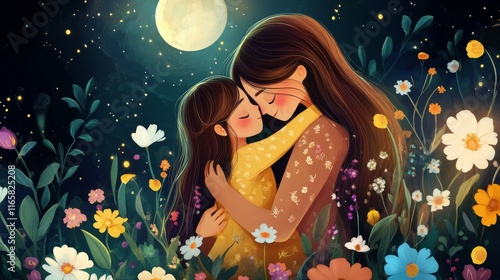 Mother and daughter embrace in a garden under the moonlight surrounded by col...