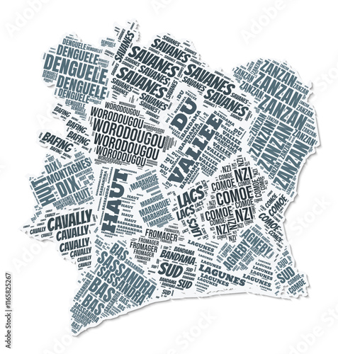Cote d'Ivoire shape text cloud. Country border with shadow on white background. Cote d'Ivoire with regions division in vintage gazette style. Classy vector illustration.
