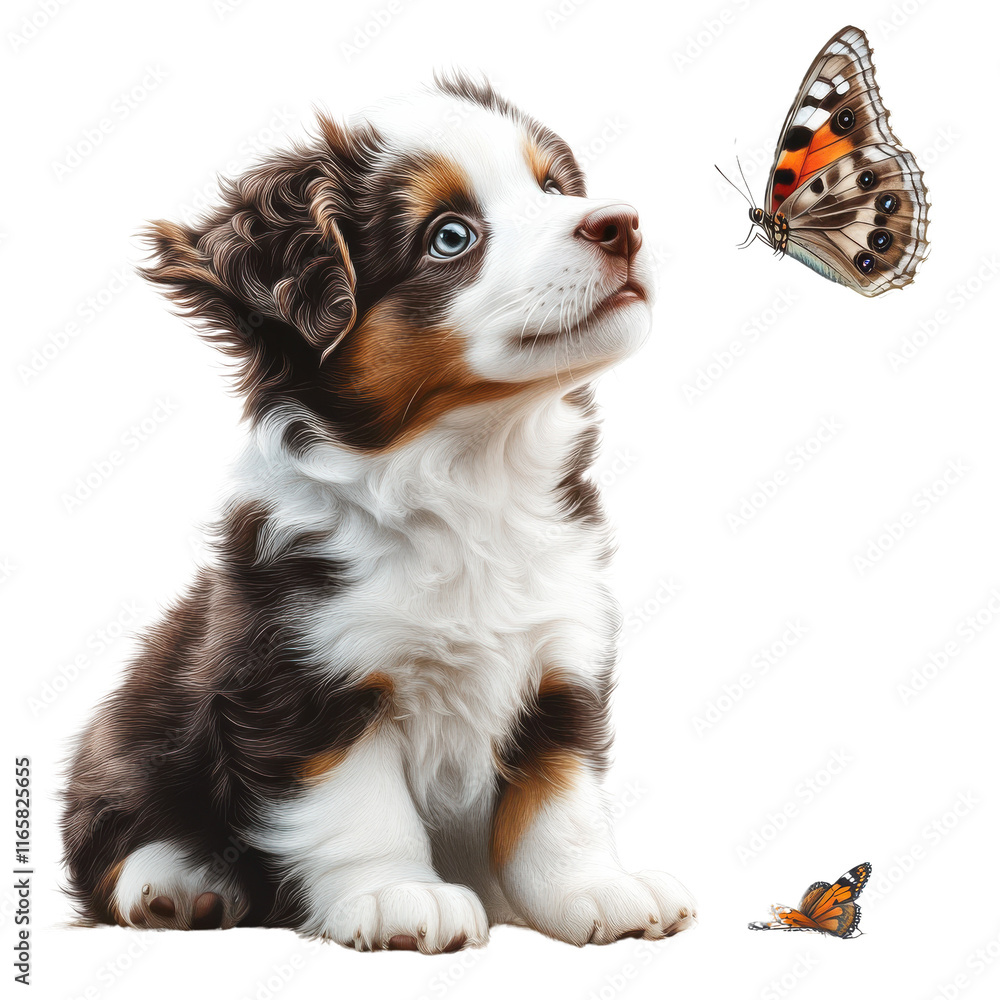 Fototapeta premium Curious puppy gazing at a butterfly, white isolated background.