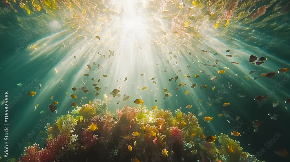 Obraz premium Vibrant underwater scene showcasing a coral reef teeming with diverse fish species, bathed in sunlight streaming from above.