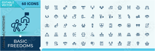Basic Freedoms minimal icon set. Containing hand, donation, rights, sex, right and more. Perfect for logos and infographics. Vector line and solid icons.
