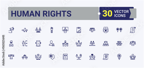 Human Rights Year end icon set. Containing support, government, tolerance, lgbt, law, justice and more. Minimalistic icon. Vector outline and solid icons collection.