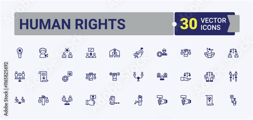 Human Rights Year end icon set. Containing support, government, tolerance, lgbt, law, justice and more. Minimalistic icon. Vector outline and solid icons collection.