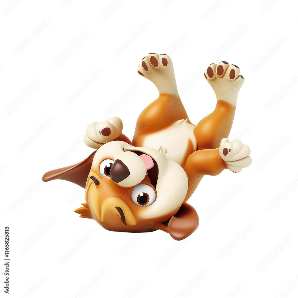 Fototapeta premium Cute cartoon dog lying on its back, playful expression, white isolate background