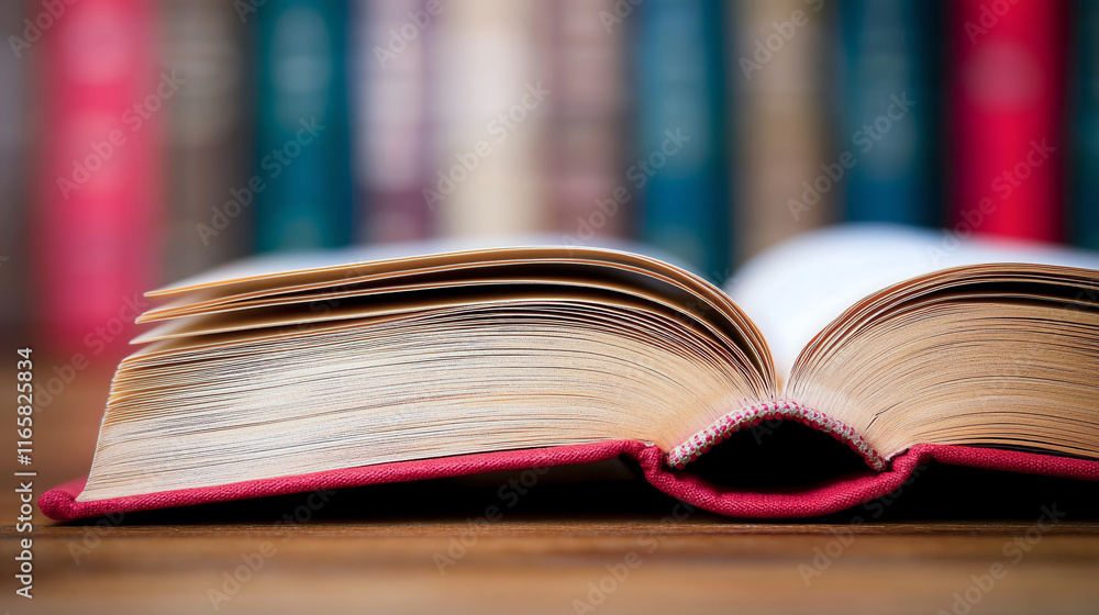 Open book on wooden table with colorful library background, inviting reading Open book on wooden table with colorful library background, inviting reading