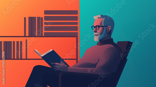Elderly person reading book in quiet library, enjoying solitude