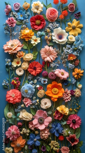 Colorful arrangement of various flowers against a blue background showcasing ...