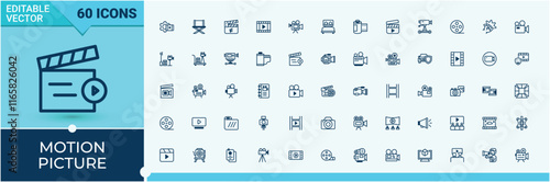 Motion Picture linear icon collection. Icons television, video, popcorn, picture, show, graphic, con, glasses. Outline icon. Editable vector icon and illustration.