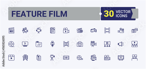 Feature Film linear icon. Includes icons for 3d, glasses, editing, director, player, show, projector and more. Solid line editable stroke. Vector line and solid icons.