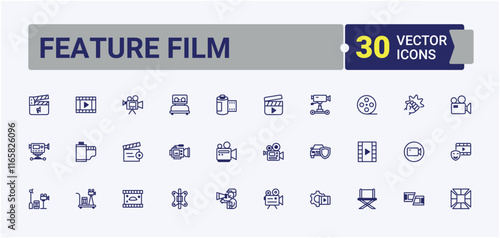 Feature Film linear icon. Includes icons for 3d, glasses, editing, director, player, show, projector and more. Solid line editable stroke. Vector line and solid icons.